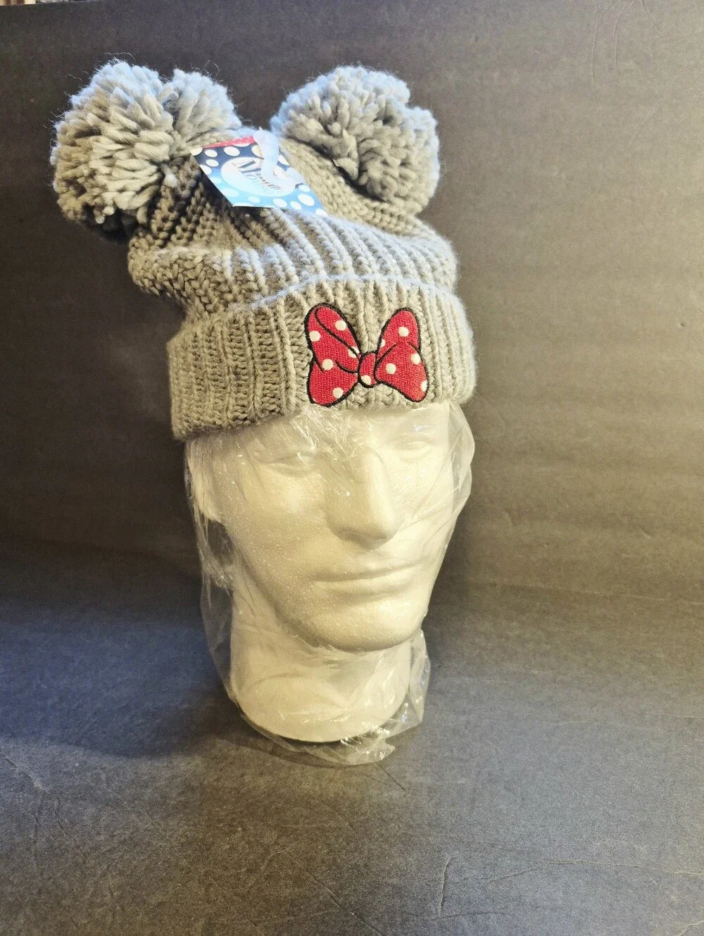 Disney Mickey Mouse Gray Beanie Pom Pom Ears Center Red And White Bow NWT